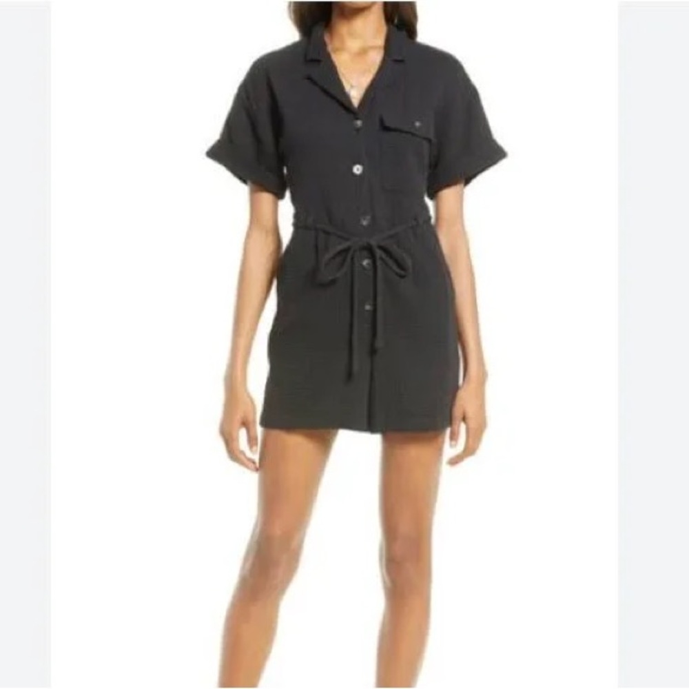Madewell Black Textured Button-Up Romper Jumpsuit Shorts
